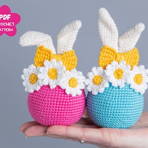 Crochet patterns Easter bunny egg, Crochet bunny amigurumi pattern, Easter amigurumi bunny pattern with crochet flower, Easter Crochet decor