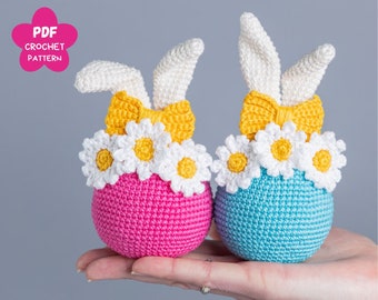 Crochet patterns Easter bunny egg, Crochet bunny amigurumi pattern, Easter amigurumi bunny pattern with crochet flower, Easter Crochet decor