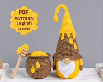 Crochet patterns Gnome and Honey Pot, Crochet gnome patterns, Gnome amigurumi pattern, Crochet food pattern