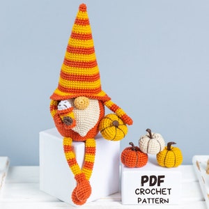 Crochet pattern Halloween gnome with pumpkin and latte, Halloween crochet Gnome and pumpkin crochet pattern, Crochet Halloween decor