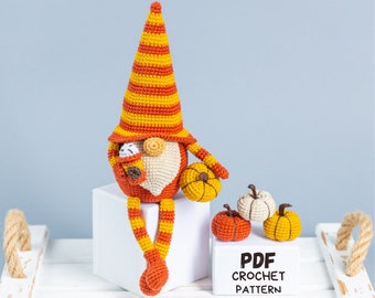 Crochet pattern Halloween gnome with pumpkin and latte, Halloween crochet Gnome and pumpkin crochet pattern, Crochet Halloween decor
