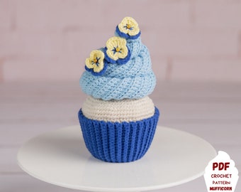 Crochet pattern cupcake with pansies, Amigurumi food for summer garden kid's preted play, Crochet food pattern, Crochet play food pdf