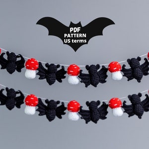 There is a halloween garladn with small black bats and small red and white mushrooms. There is a stamp indicating that this is a crochet pattern