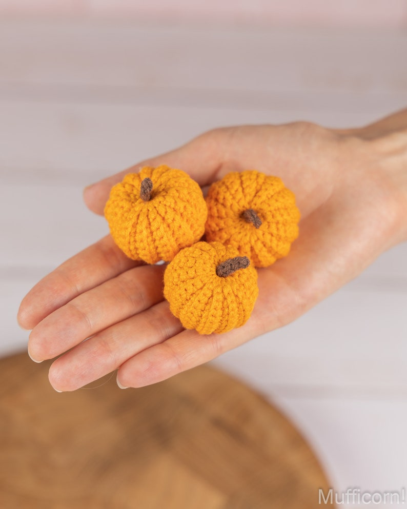 May include: Three small crocheted pumpkins in a hand. The pumpkins are orange and have brown stems.