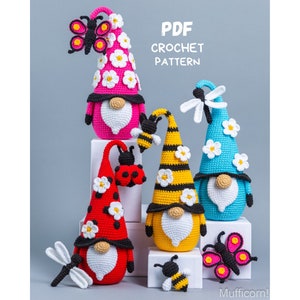 Crochet patterns Bundle: Crochet Gnomes with Bee, Ladybug, Butterfly, Dragonfly, Amigurumi pattern, Crochet gnome pattern and crochet flower