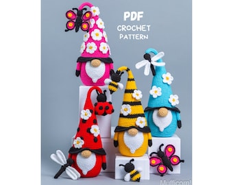 Crochet patterns Bundle: Crochet Gnomes with Bee, Ladybug, Butterfly, Dragonfly, Amigurumi pattern, Crochet gnome pattern and crochet flower