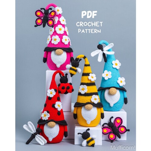 Crochet patterns Bundle: Crochet Gnomes with Bee, Ladybug, Butterfly, Dragonfly, Amigurumi pattern, Crochet gnome pattern and crochet flower