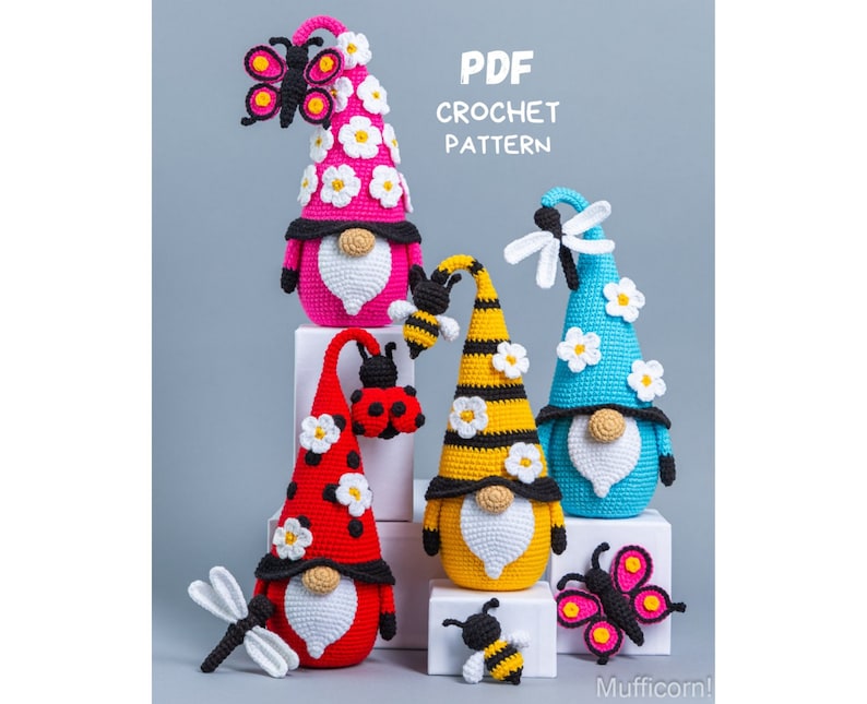 May include: PDF crochet pattern for five gnome amigurumi toys. The gnomes are dressed in different colors and have various accessories, including butterflies, ladybugs, and bees. The pattern is titled "PDF Crochet Pattern".