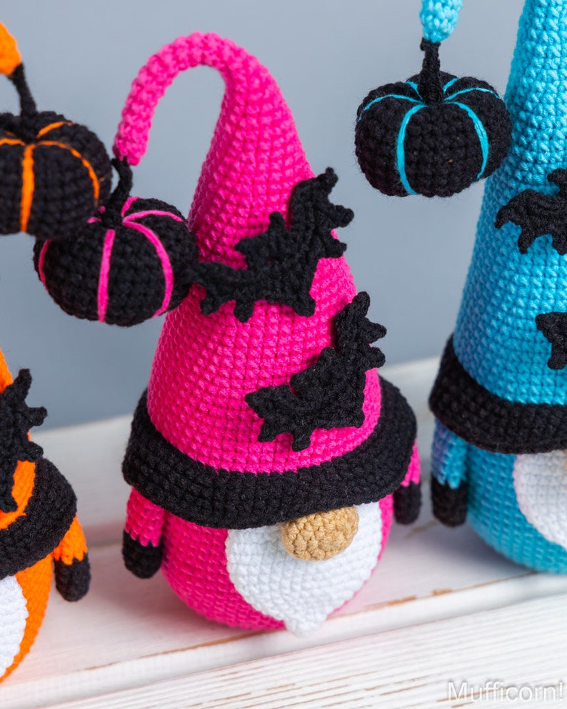 Crochet patterns Halloween gnome with bat and pumpkin, Halloween crochet gnome pattern, Crochet pumpkin pattern, Crochet bat pattern image 5