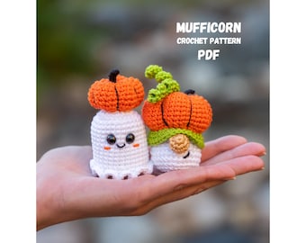 May include: A crochet pattern for a pumpkin and ghost amigurumi. The pattern is called "Mufficorn Crochet Pattern PDF".