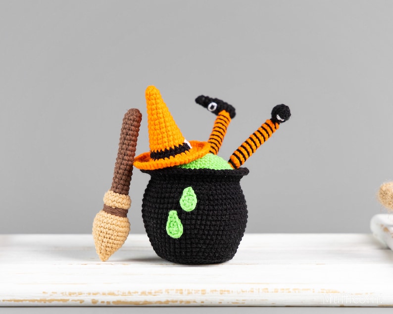 Halloween crochet patterns: Witch broom with cauldron and crochet witch hat, Crochet Halloween decor, Halloween amigurumi pattern image 5