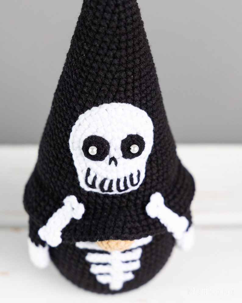 Halloween crochet patterns Gnome skeleton, Crochet Gnome with skull crochet pattern, Crochet Halloween amigurumi gnome decor image 6