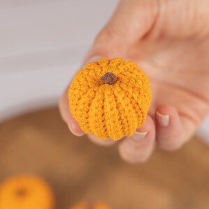 May include: A close-up of a small, crocheted orange pumpkin with a brown stem. The pumpkin is being held in a hand, and there are two other pumpkins in the background.
