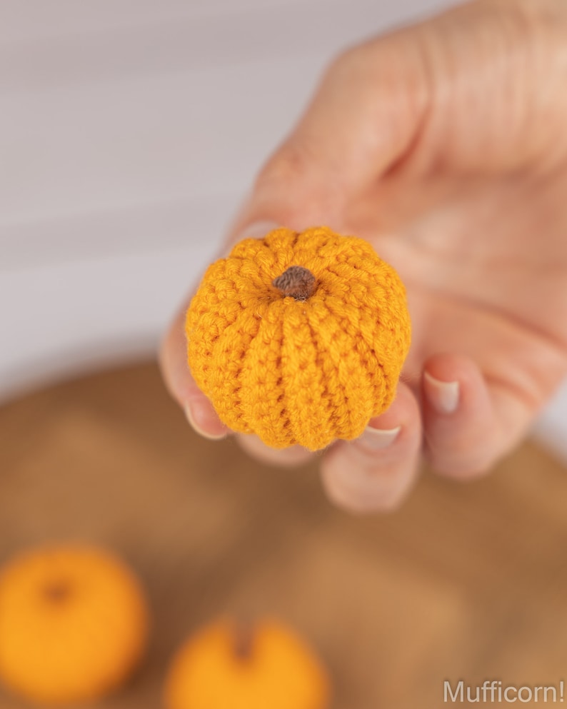 May include: A close-up of a small, crocheted orange pumpkin with a brown stem. The pumpkin is being held in a hand, and there are two other pumpkins in the background.