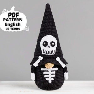 Halloween crochet patterns Gnome skeleton, Crochet Gnome with skull crochet pattern, Crochet Halloween amigurumi gnome decor