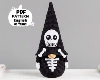 Patrones de crochet de Halloween Esqueleto de gnomo, Gnomo de crochet con patrón de crochet de calavera, Decoración de gnomo amigurumi de Halloween de crochet