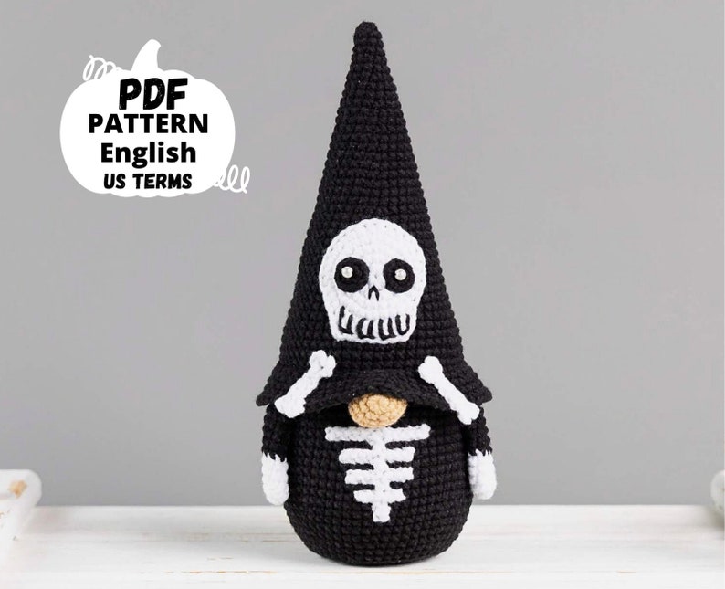 Halloween crochet patterns Gnome skeleton, Crochet Gnome with skull crochet pattern, Crochet Halloween amigurumi gnome decor image 1