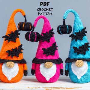 Crochet patterns Halloween gnome with bat and pumpkin, Halloween crochet gnome pattern, Crochet pumpkin pattern, Crochet bat pattern image 1