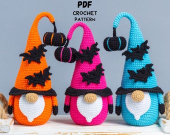 Crochet patterns Halloween gnome with bat and pumpkin, Halloween crochet gnome pattern, Crochet pumpkin pattern, Crochet bat pattern