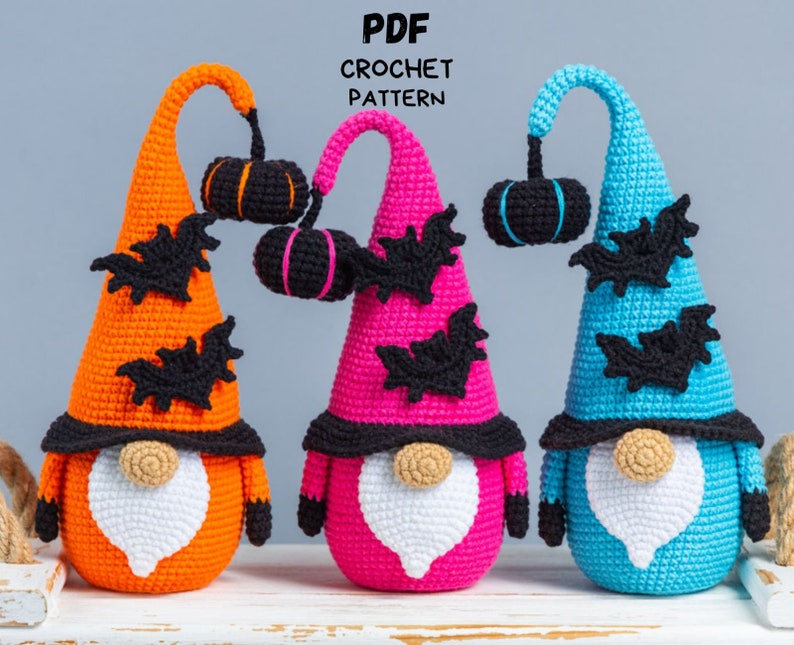 Crochet patterns Halloween gnome with bat and pumpkin, Halloween crochet gnome pattern, Crochet pumpkin pattern, Crochet bat pattern image 1