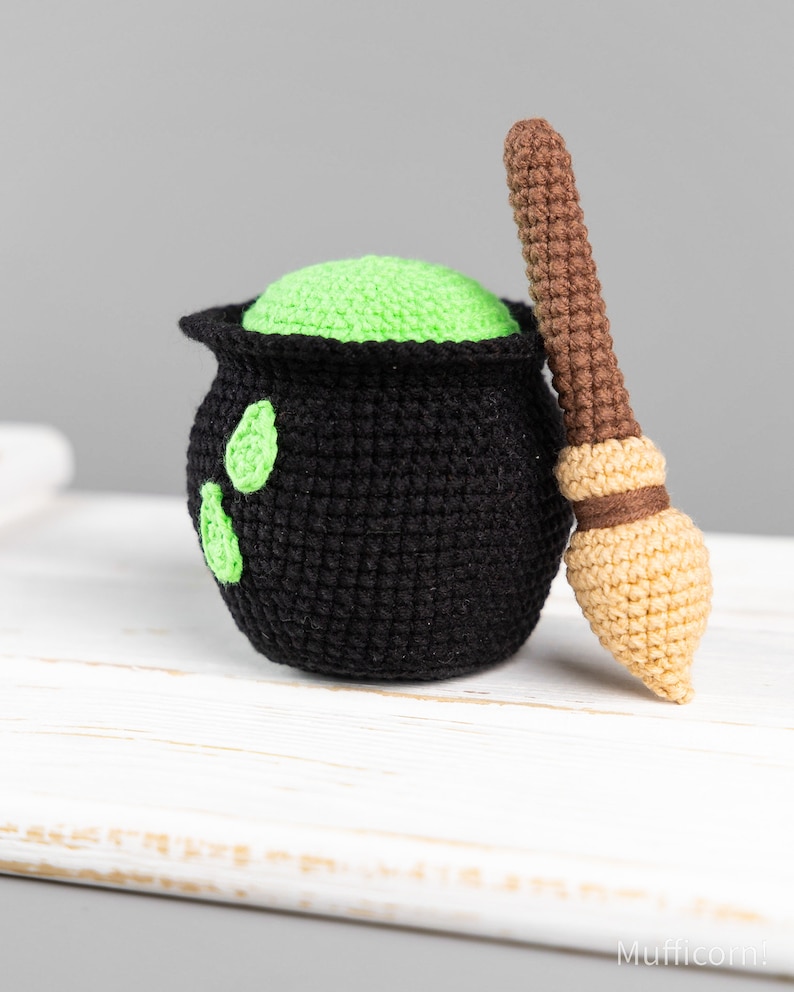 Halloween crochet patterns: Witch broom with cauldron and crochet witch hat, Crochet Halloween decor, Halloween amigurumi pattern image 6