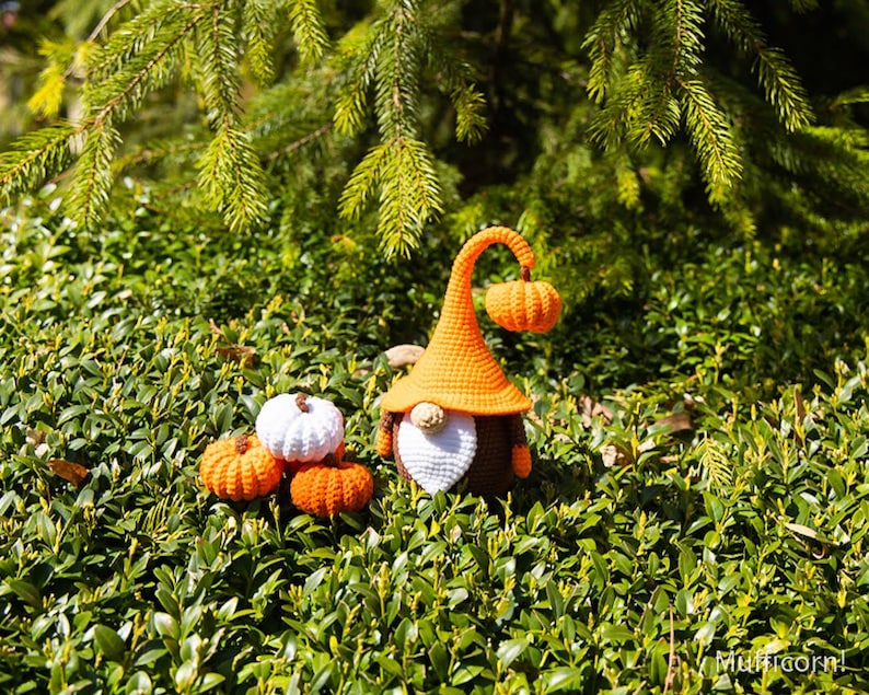 Crochet patterns amigurumi gnome with pumpkin, Crochet gnome and crochet pumpkin pattern, Halloween crochet pattern, Crochet Halloween decor image 7