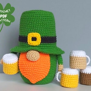 Crochet patterns St Patricks day gnome with beer, Leprechaun crochet gnome amigurumi pattern, Fathers day lucky crochet decor pattern