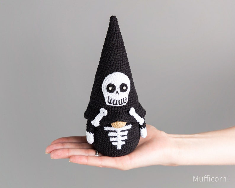 Halloween crochet patterns Gnome skeleton, Crochet Gnome with skull crochet pattern, Crochet Halloween amigurumi gnome decor image 8