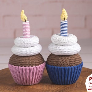 Birthday amigurumi cupcake pattern, Crochet food pattern for birthday crochet gift, Birthday amigurumi food pattern, Crochet candle pattern