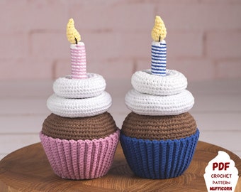 Birthday amigurumi cupcake pattern, Crochet food pattern for birthday crochet gift, Birthday amigurumi food pattern, Crochet candle pattern