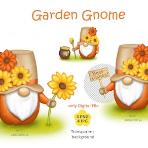 Garden Gnome PNG, Gnome clipart, Sunflower gnome clip art, Garden gnome with Honey jar png, Watercolor clipart, Fall printable decor
