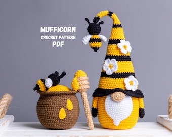 Crochet patterns bundle Gnome with Bee and pot of honey, Crochet bee pattern, Gnome amigurumi pattern, Crochet gnome  with crochet flowers