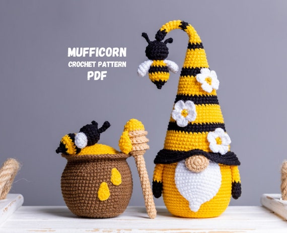 Crochet patterns bundle Gnome with Bee and pot of honey, Crochet bee pattern, Gnome amigurumi pattern, Crochet gnome  with crochet flowers