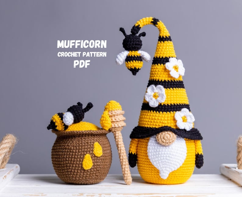 Crochet patterns bundle Gnome with Bee and pot of honey, Crochet bee pattern, Gnome amigurumi pattern, Crochet gnome with crochet flowers image 1