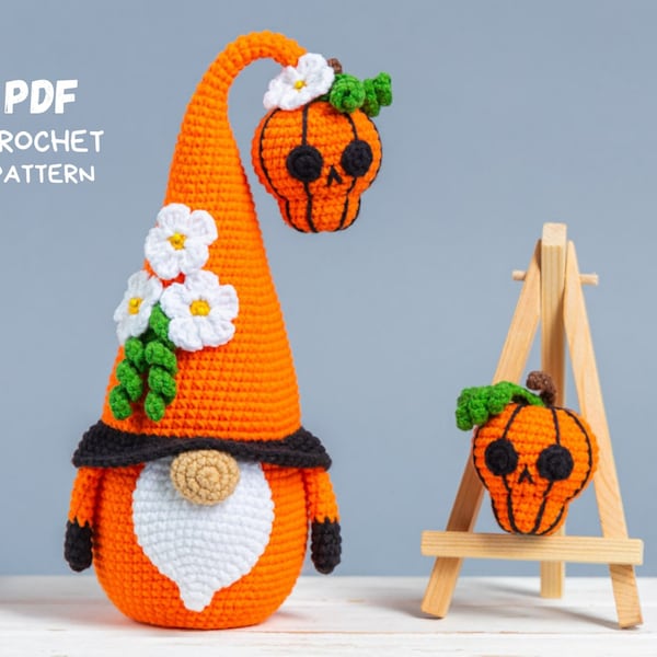 Halloween crochet patterns gnome with crochet pumpkin skull, Halloween Gnome and skull crochet pattern, Crochet Halloween pumpkin