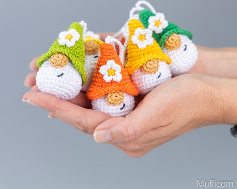 Crochet patterns amigurumi keychain gnome with crochet flower, Crochet keychain amigurumi pattern, Easter crochet pattern image 6