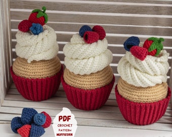 Berry crochet cupcake pattern, Food amigurumi pattern,  Crochet food pattern, Blackberry, raspberry, strawberry, blueberry crochet play food