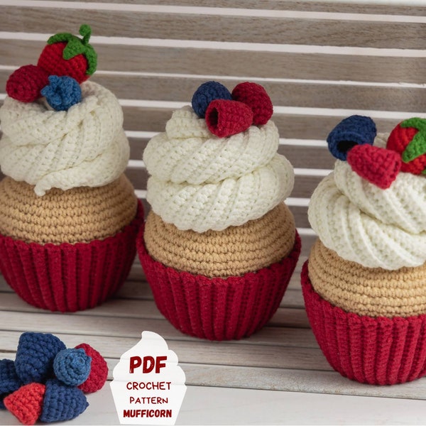 Berry crochet cupcake pattern, Food amigurumi pattern,  Crochet food pattern, Blackberry, raspberry, strawberry, blueberry crochet play food