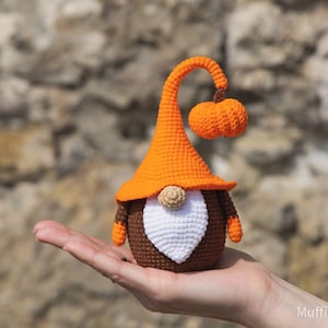 Crochet patterns amigurumi gnome with pumpkin, Crochet gnome and crochet pumpkin pattern, Halloween crochet pattern, Crochet Halloween decor image 8