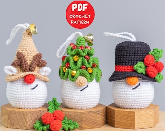 Christmas ornaments crochet pattern bundle, Crochet reindeer gnome pattern, Crochet Christmas tree keychain, Snowman gnome amigurumi pattern