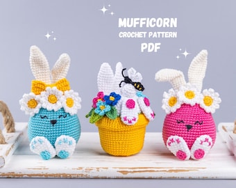 Crochet patterns Easter bunny with flowers and bunny in the pot, Crochet animals Amigurumi pattern, Amigurumi bunny easy crochet patterns