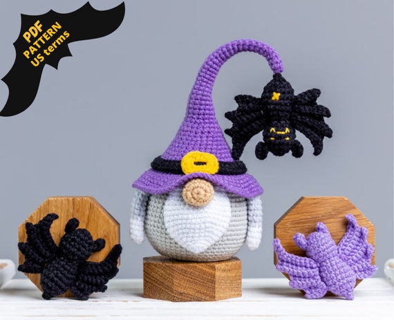 Crochet patterns Halloween gnome and crochet bat pattern, Halloween crochet gnome pattern, Crochet Halloween bat decor, Cute bat pattern