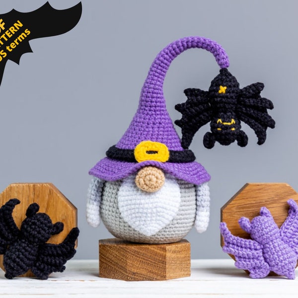 Crochet patterns Halloween gnome and crochet bat pattern, Halloween crochet gnome pattern, Crochet Halloween bat decor, Cute bat pattern