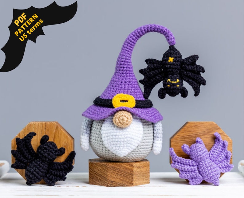 Crochet patterns Halloween gnome and crochet bat pattern, Halloween crochet gnome pattern, Crochet Halloween bat decor, Cute bat pattern imagen 1