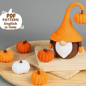 Crochet patterns amigurumi gnome with pumpkin, Crochet gnome and crochet pumpkin pattern, Halloween crochet pattern, Crochet Halloween decor image 2