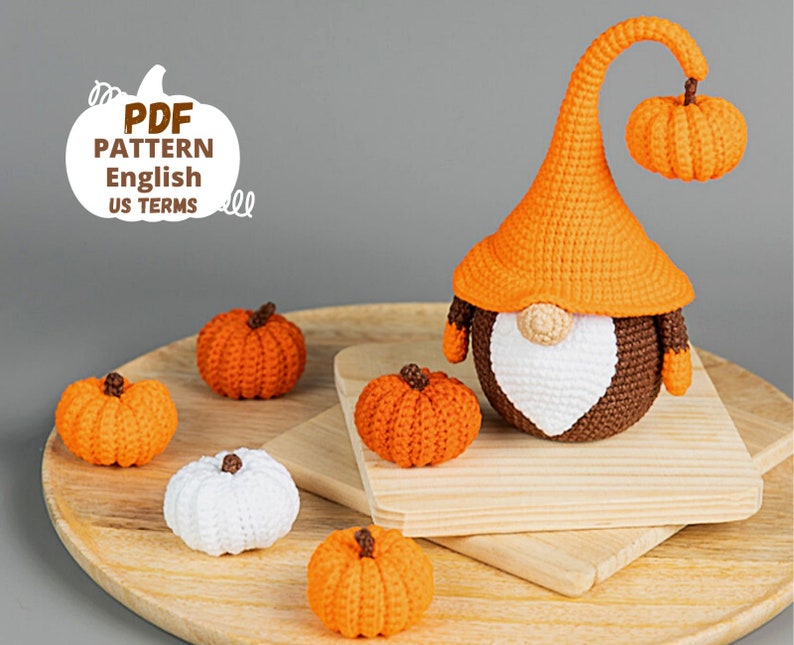 Crochet patterns amigurumi gnome with pumpkin, Crochet gnome and crochet pumpkin pattern, Halloween crochet pattern, Crochet Halloween decor image 2