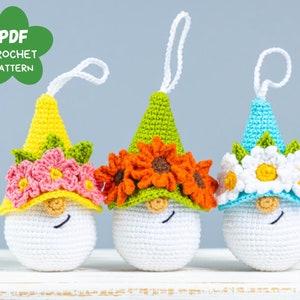 Mothers day crochet pattern keychains with crochet flower, Crochet gnome ornament amigurumi pattern, Crochet sunflower, Spring crochet decor