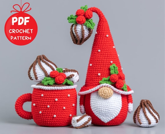 Crochet patterns Christmas gnome with mug and meringues, Christmas amigurumi pattern, Crochet winter gnome pattern, Holiday gnome pattern