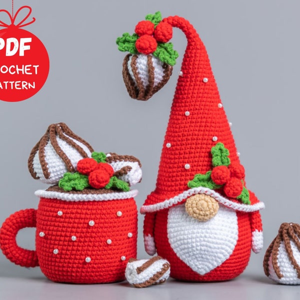 Modèles au crochet de nain de Noël avec mug et meringues, motif amigurumi de Noël, motif nain d'hiver au crochet et motif nain de vacances