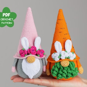 Crochet patterns Easter bunny gnomes with crochet flowers, Easter crochet carrot gnome amigurumi pattern, Crochet Easter gnomes patterns
